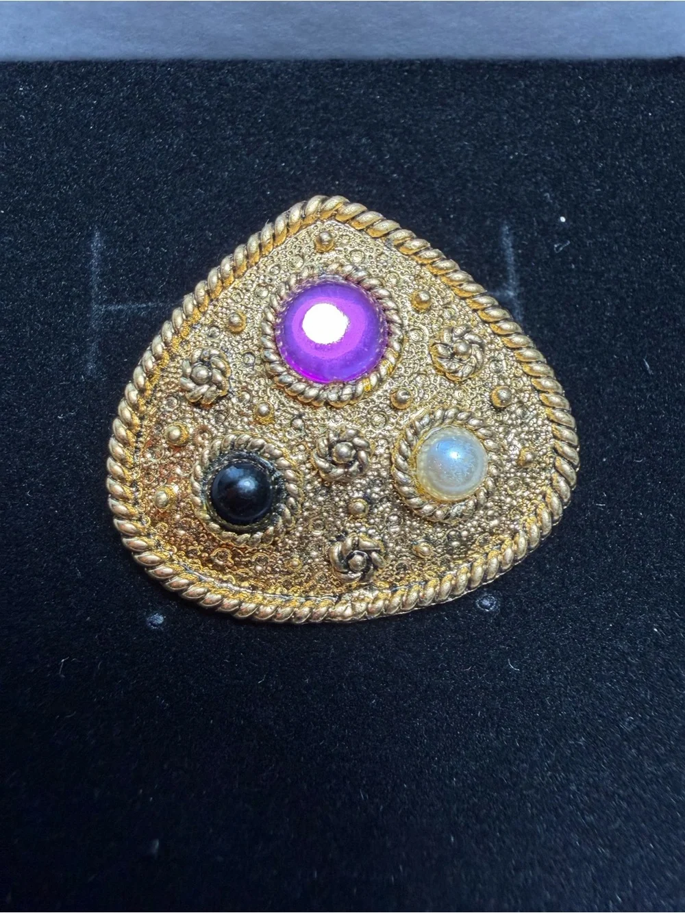 VTG 1960s Mid Century Gold Filigree Brooch Purple Black Pearl Statement Pin